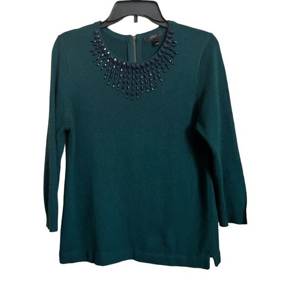 J.Crew Jeweled Starburst Sweater Green Soft Wool Blend Rhinestone Sz M 3/4 Slv - Picture 1 of 5
